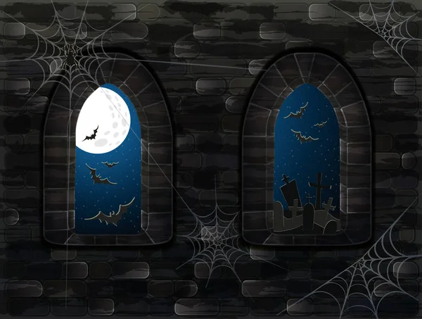 Janelas medievais no castelo mágico. Feliz fundo halloween, ilustração vetorial — Vetor de Stock