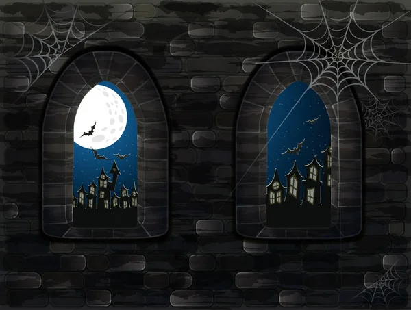 Ventana medieval en el castillo. Feliz tarjeta de Halloween, ilustración vectorial — Vector de stock