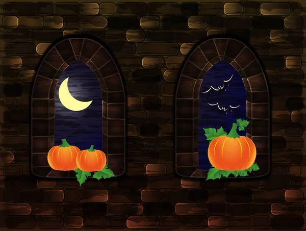 Mittelalterliche Fenster mit Kürbis, Happy-Halloween-Karte, Vektorillustration — Stockvektor