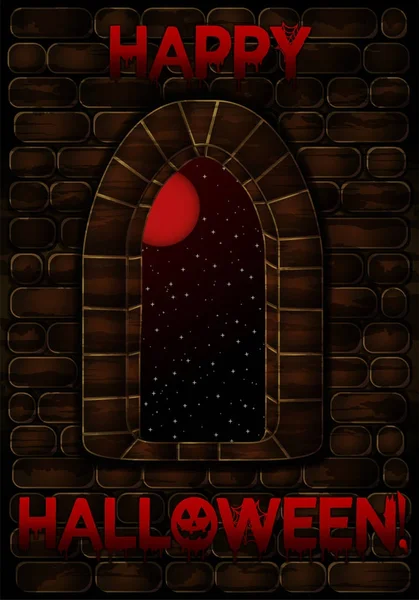 Fenêtre médiévale au château Joyeux Halloween carte, illustration vectorielle — Image vectorielle
