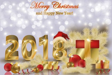 Mutlu Noeller ve mutlu yeni 2018 yıl altın arka plan, vektör çizim