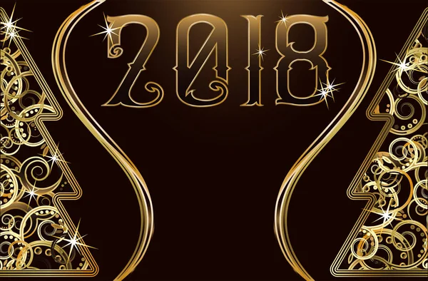 С Новым 2018 годом, золотая открытка с елкой, векторная иллюстрация — стоковый вектор