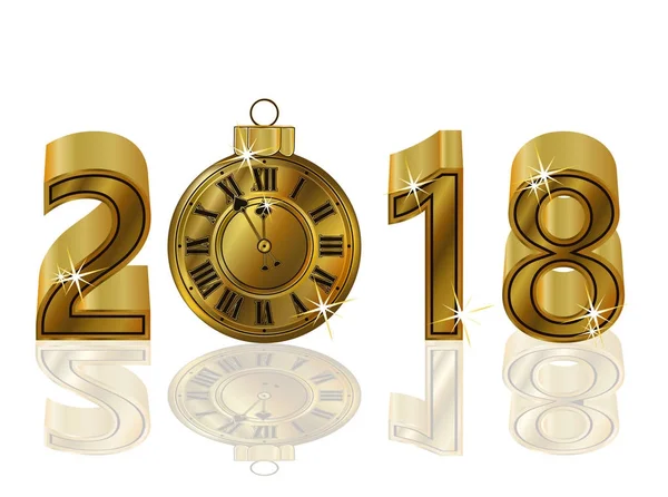 Felice anno nuovo 2018 con orologio d'oro, illustrazione vettoriale — Vettoriale Stock