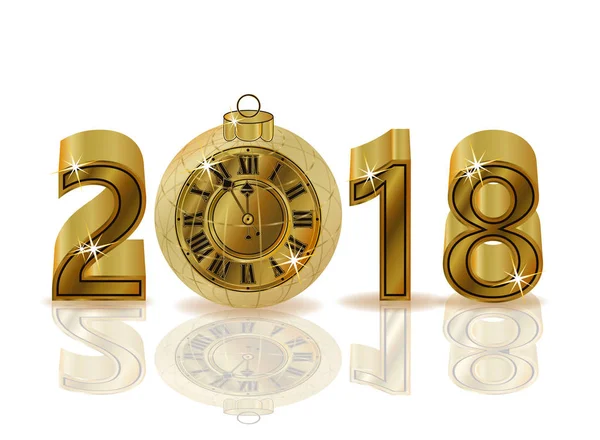 Šťastný rok New 2018 s zlaté hodiny, samostatný, vektorové ilustrace — Stockový vektor