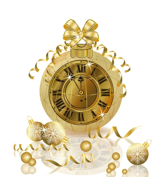 Buon Natale e Felice Anno Nuovo con orologio d'oro, illustrazione vettoriale — Vettoriale Stock