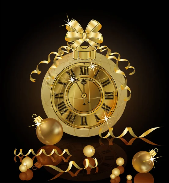 Feliz Natal e Ano Novo relógio dourado, ilustração vetorial — Vetor de Stock