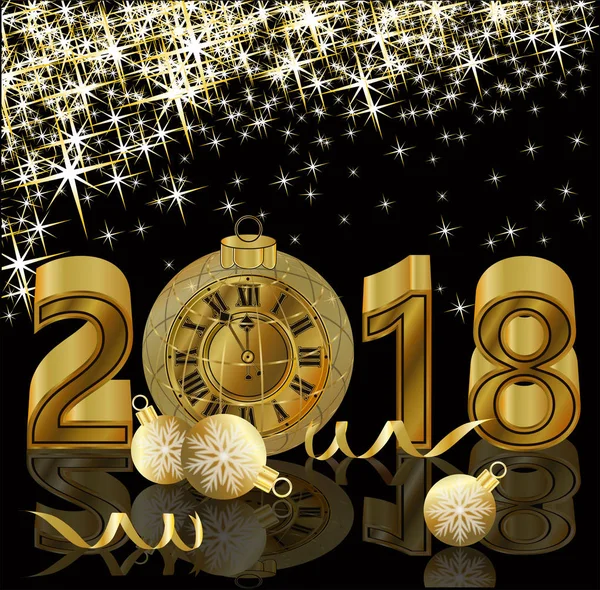 Felice anno nuovo 2018 con banner orologio d'oro, illustrazione vettoriale — Vettoriale Stock