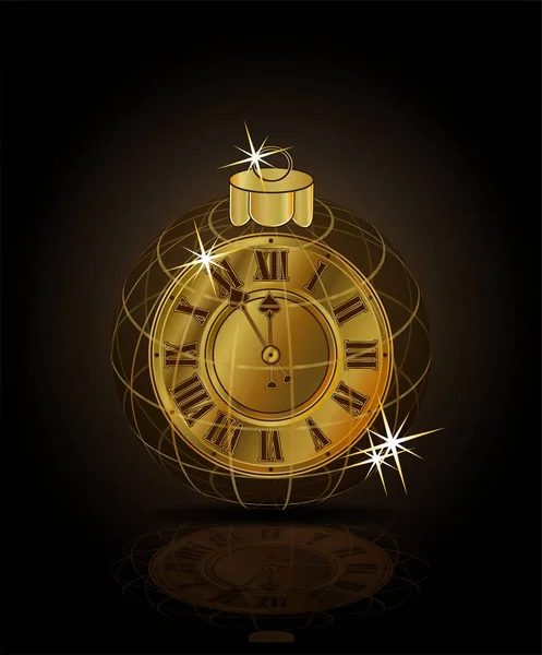 Merry Christmas & Happy New year golden clock xmas ball, vector illustration — Stock Vector