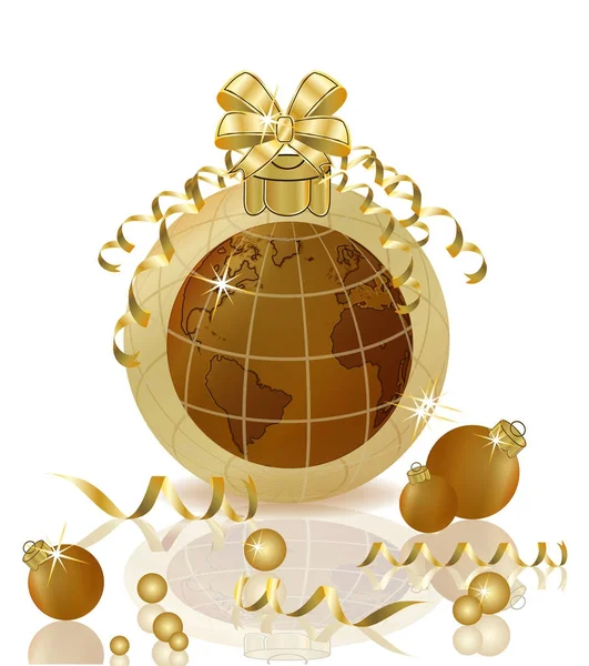 Feliz Navidad y Feliz Año Nuevo planeta de oro y bolas de Navidad, vector de ilustración — Vector de stock