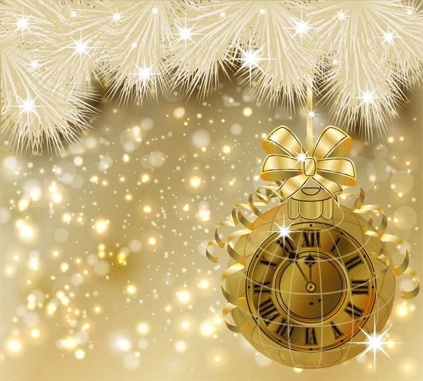Felice anno nuovo carta con orologio d'oro, illustrazione vettoriale — Vettoriale Stock
