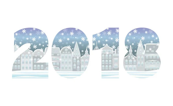 Happy New 2018 jaar kaart winter stad, vectorillustratie — Stockvector