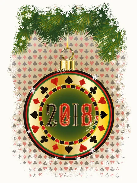 Nuevo 2018 año chip de póquer, tarjeta de felicitación, ilustración de vectores — Vector de stock