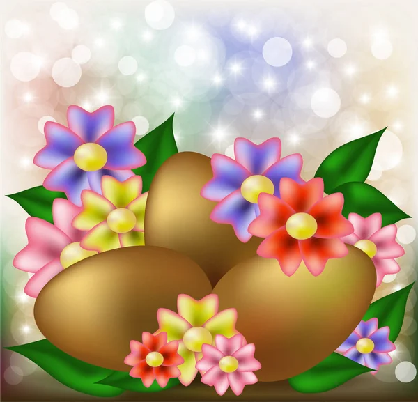 Mutlu Paskalya Tebrik Kartı Altın Yumurta Çiçekler Vektör Çizim Ile — Stok Vektör