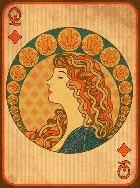 Kraliçe poker elmas art nouveau stilinde, vektör çizim kartı