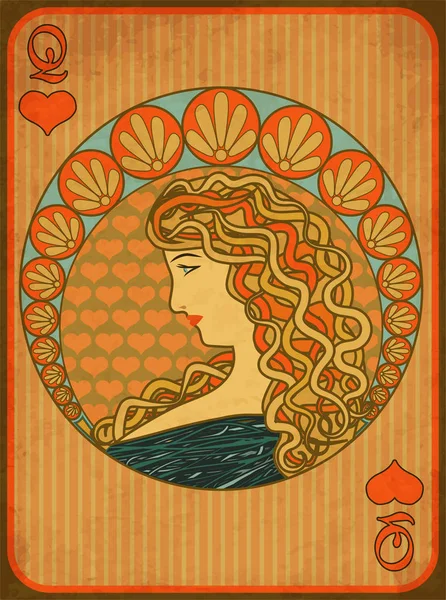 Kraliçe Poker Kalpler Art Nouveau Stilinde Vektör Çizim Kartı — Stok Vektör