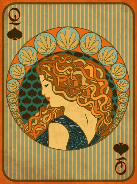 Rainha Pás Poker Cartão Estilo Art Nouveau Ilustração Vetorial — Vetor de Stock