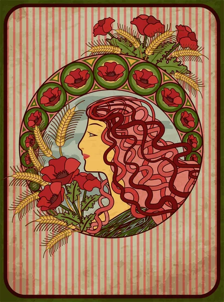 Summer Girl Card Art Nouveau Style Vector Illustration — Stock Vector