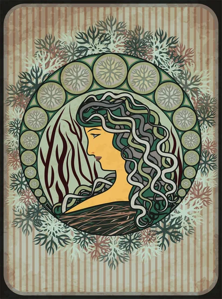 Inverno Menina Cartão Estilo Art Nouveau Ilustração Vetorial — Vetor de Stock