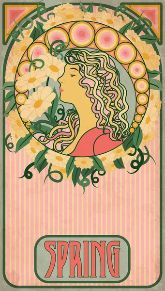 Menina Primavera Banner Floral Estilo Art Nouveau Ilustração Vetorial — Vetor de Stock