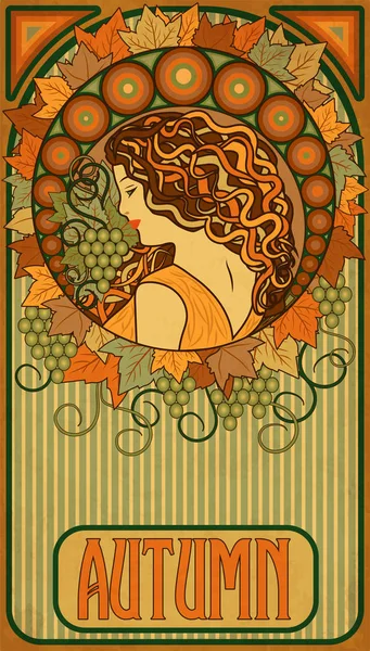 Menina Outono Banner Floral Estilo Art Nouveau Ilustração Vetorial — Vetor de Stock