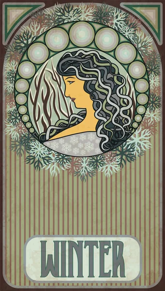 Menina Inverno Banner Floral Estilo Art Nouveau Ilustração Vetorial — Vetor de Stock