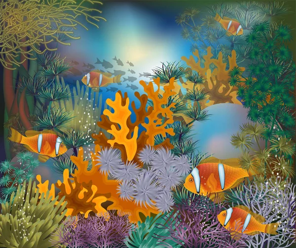 Underwater Tropiska Kort Med Clownfish Vektorillustration — Stock vektor