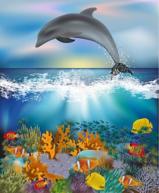 Yunus ve tropikal balık, vektör çizim ile sualtı arka plan