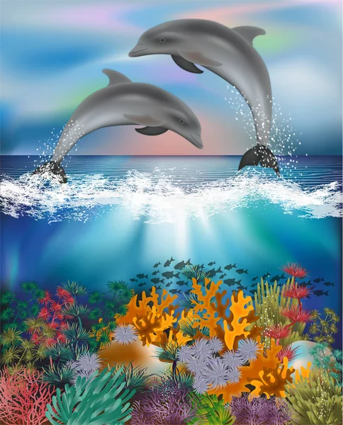 Tropische Onderwater Achtergrond Met Dolfijnen Vectorillustratie — Stockvector