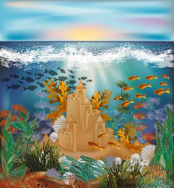 Underwater Tropiska Tapet Med Sandslott Vektorillustration — Stock vektor
