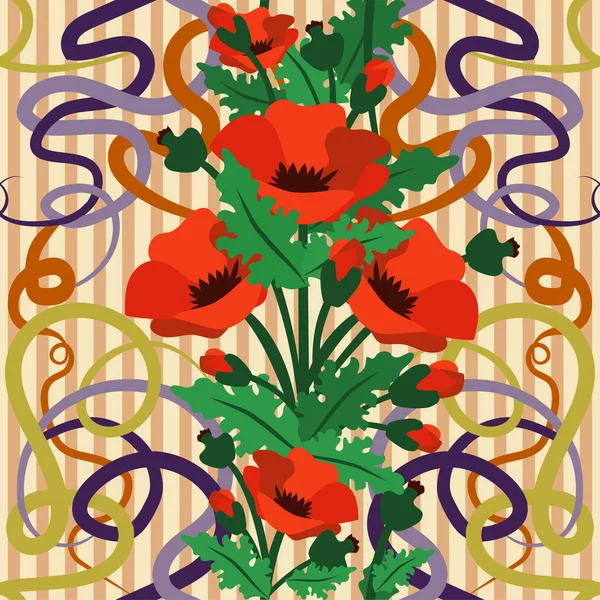 Seamless Wallpaper Poppy Flowers Art Nouveau Style Vector Illustration — Stock Vector