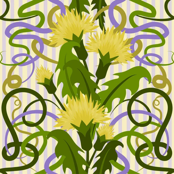 Naadloze Achtergrond Met Bloemen Paardebloemen Art Nouveaustijl Vectorillustratie — Stockvector