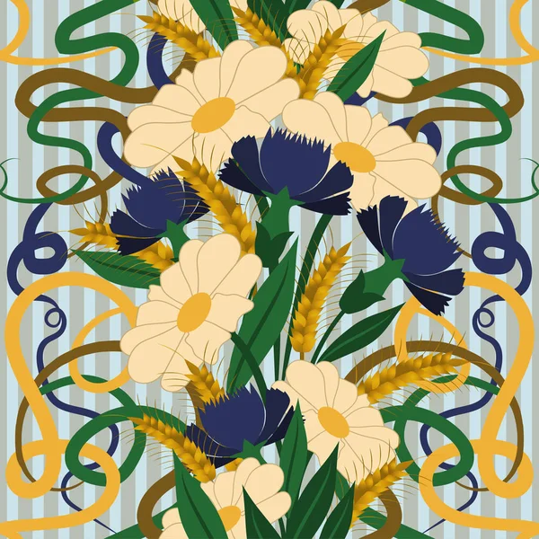 Fondo Pantalla Sin Costuras Con Manzanilla Aciano Estilo Art Nouveau — Vector de stock