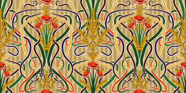Buğday Haşhaş Art Nouveau Tarzında Vektör Çizim Ile Sorunsuz Duvar — Stok Vektör