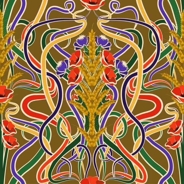 Бесшовный Фон Пшеницей Цветами Стиле Модерн Векторная Иллюстрация — стоковый вектор
