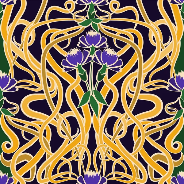 Motif Sans Couture Avec Bleu Bleuet Dans Style Art Nouveau — Image vectorielle