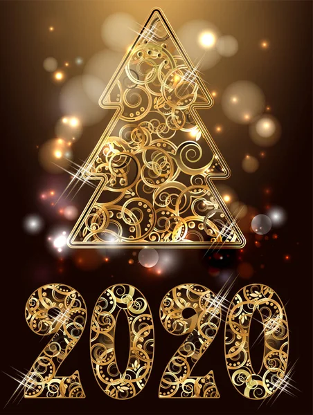 Gelukkig Nieuw 2020 Gouden Jaar Kerstboomkaart Vectorillustratie — Stockvector