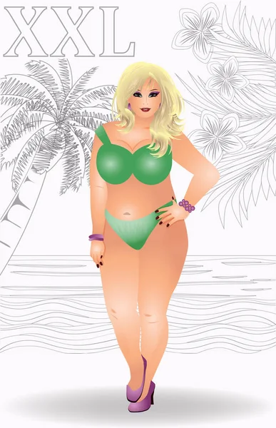 Plusz Méretű Szexuális Lány Bikiniben Vektor Illusztráció — Stock Vector