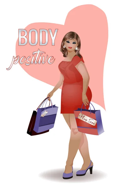 Cuerpo Positivo Más Mujer Tamaño Con Bolsas Compras Ilustración Vectores — Vector de stock