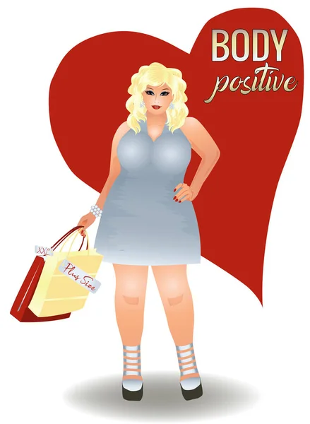 Corps Positif Taille Femme Blonde Avec Des Sacs Provisions Illustration — Image vectorielle