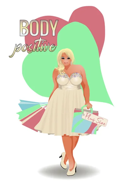 Body Positieve Size Blond Meisje Met Boodschappentassen Vector Illustratie — Stockvector