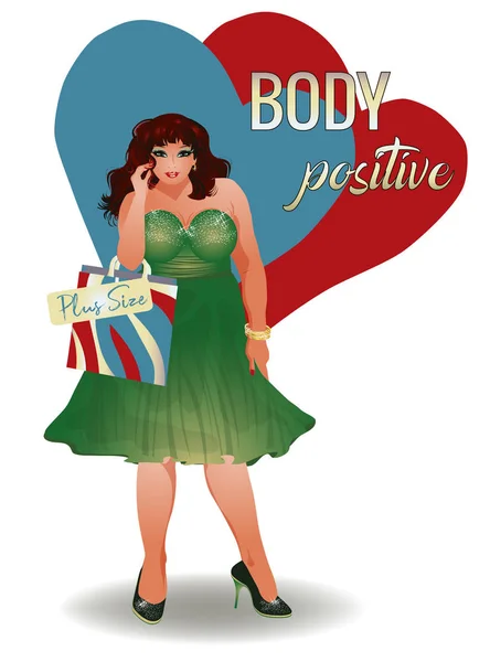 Body Positieve Size Brunette Meisje Met Boodschappentassen Vector Illustratie — Stockvector
