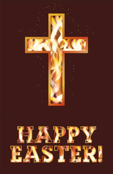 Happy Easter Greeting Card Burning Fire Cross Vector Illustration — Stock Vector