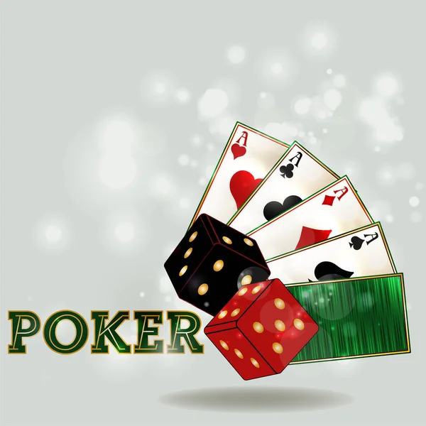 サイコロとポーカーカード ベクトルイラストを持つカジノの背景 — ストックベクタ