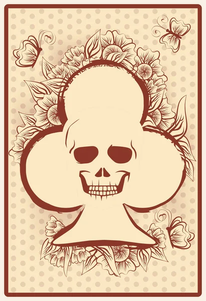 Club Casino Tarjeta Poker Con Cráneo Flores Ilustración Vectorial — Vector de stock