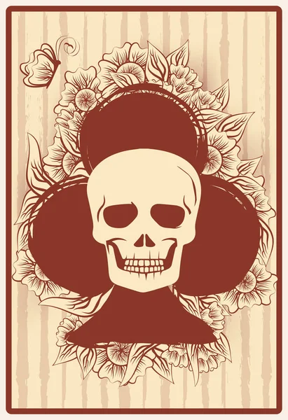 Clubs Poker Card Skull Flowers Casino Wallpaper Vector Illustration — Stock Vector
