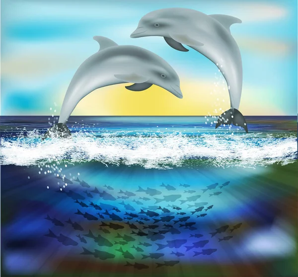 Onderwater Natuur Achtergrond Met Dolfijnen Vectorillustratie — Stockvector