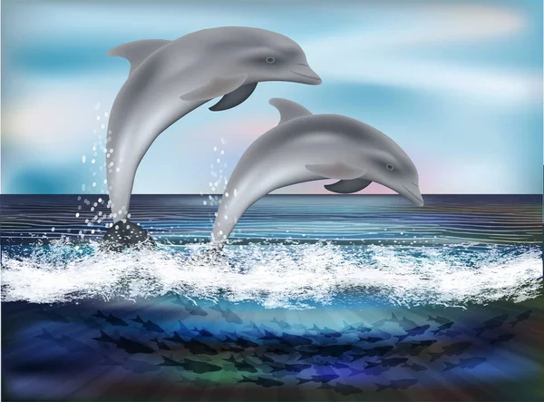 Unterwasser Natur Tapete Mit Zwei Delfinen Vektorillustration — Stockvektor