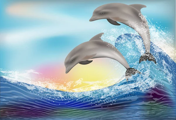 Natur Ozean Tapete Mit Zwei Delphinen Vektorillustration — Stockvektor