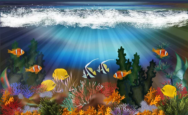 Paysage Sous Marin Avec Papier Peint Poisson Tropical Illustration Vectorielle — Image vectorielle