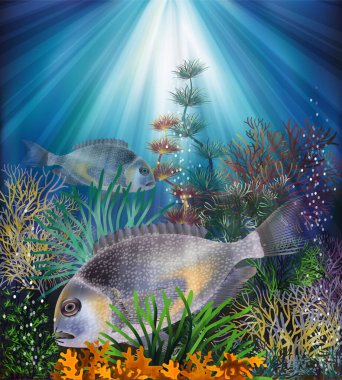 Su altı arka planında yaldızlı balık, vektör illüstrasyonu